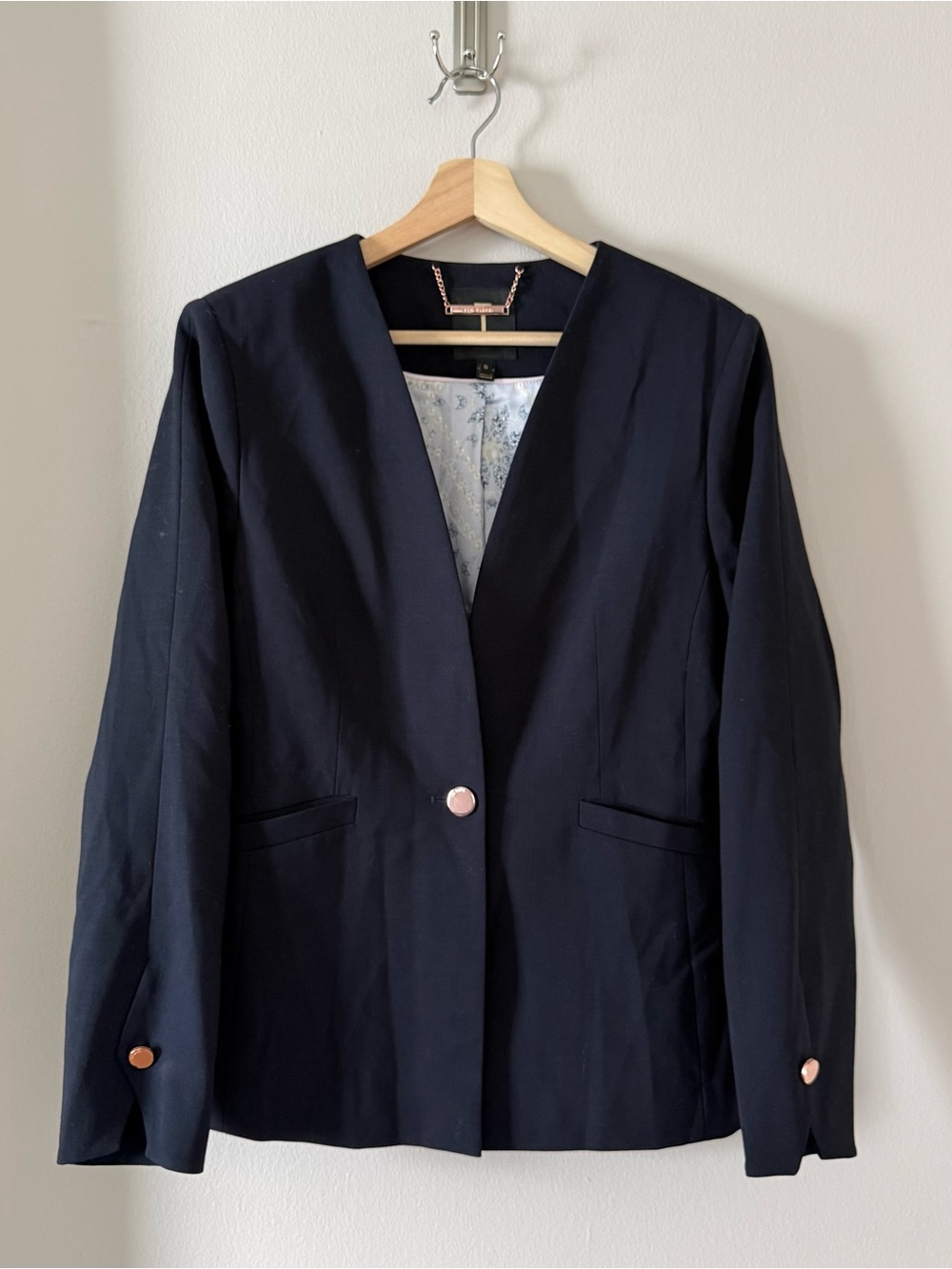 Ted Baker London Cerisa Navy Wool Collarless Blazer Size 5 / US 12